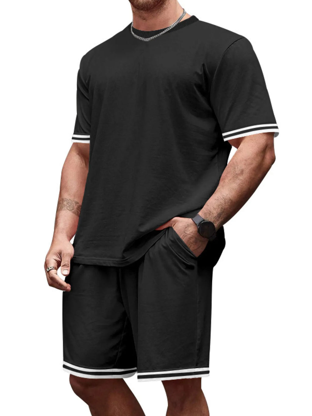 Men's Full Size Striped Short Sleeve Tee and Shorts Set Plus Size