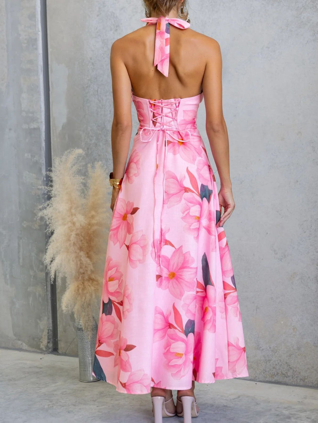 Floral Print Halter Neck Maxi Dress