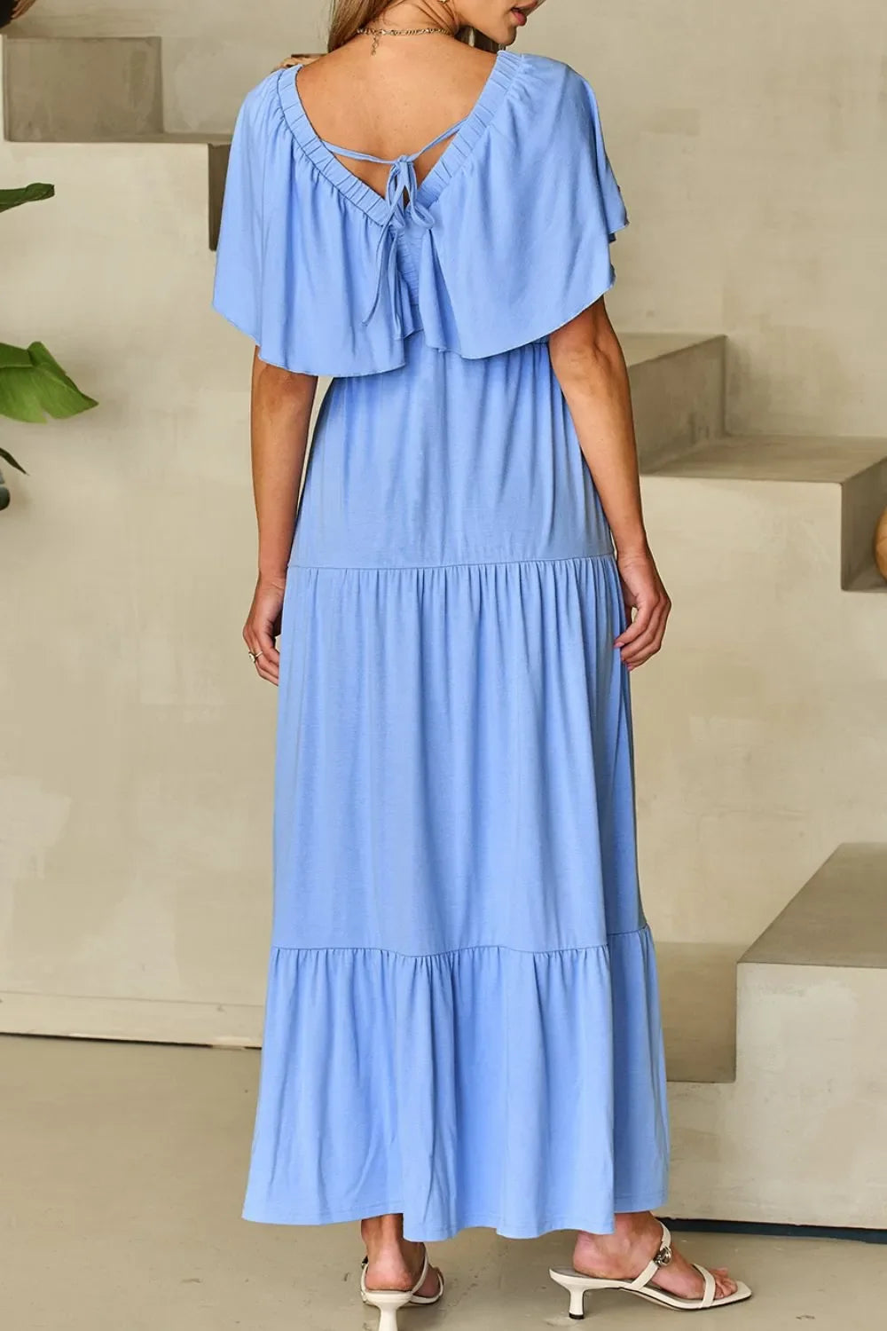 Ruffled V Neck Flutter Sleeve Maxi Dress