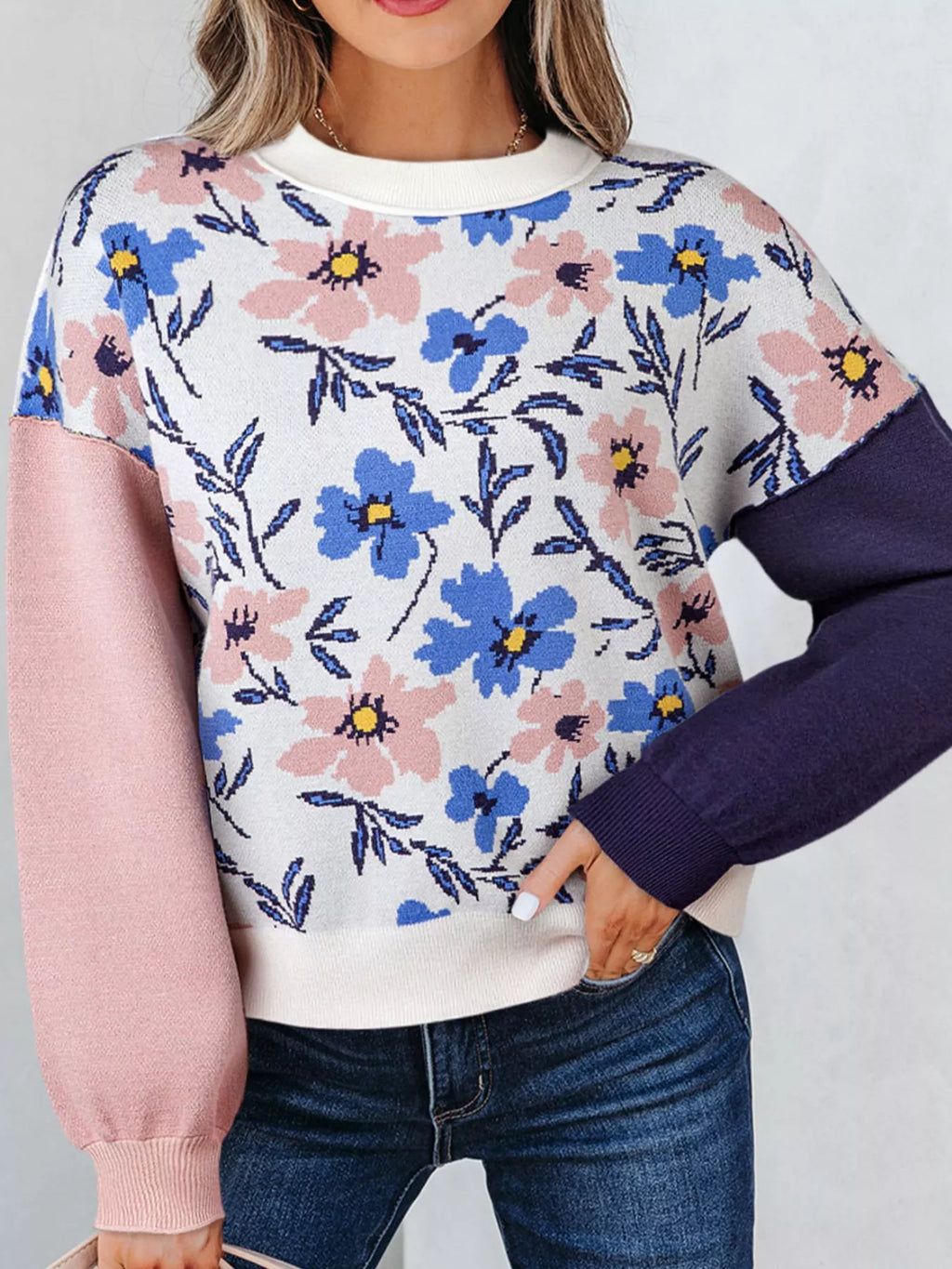 Floral Panel Colorblock Sleeve Patchwork Sweater