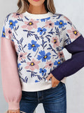 Floral Panel Colorblock Sleeve Patchwork Sweater