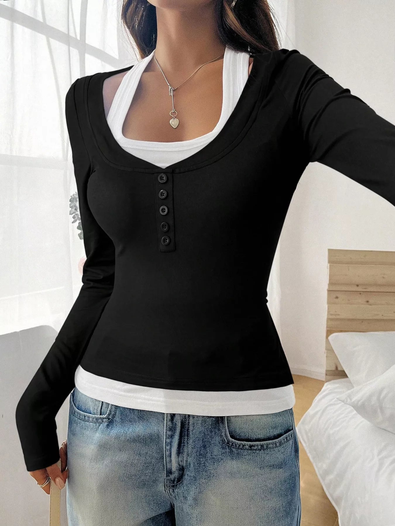 Scoop Neck Long Sleeve Fake Two-Piece T-Shirt