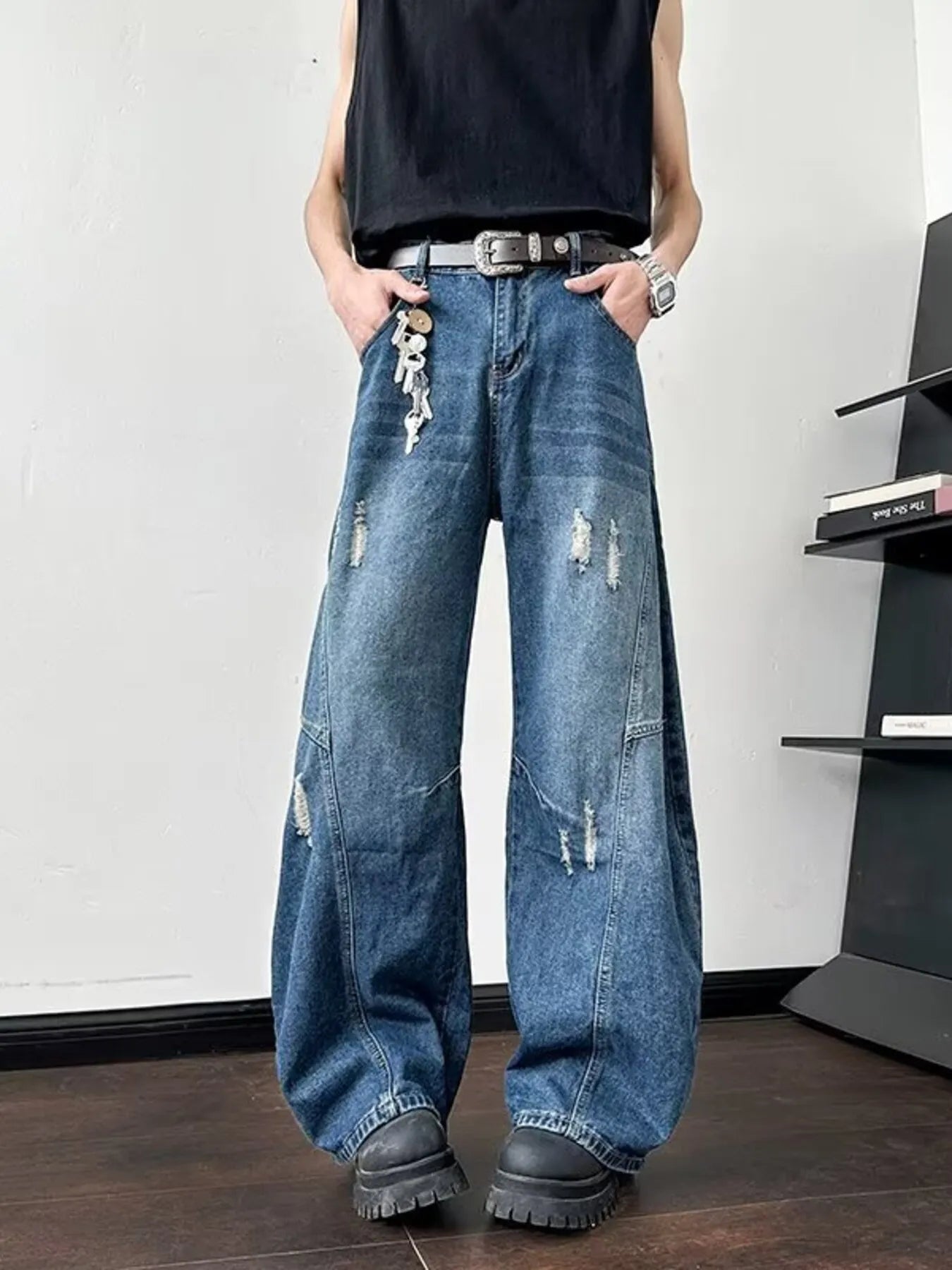 Men's Full Size Distressed Wide Leg Jeans Plus Size
