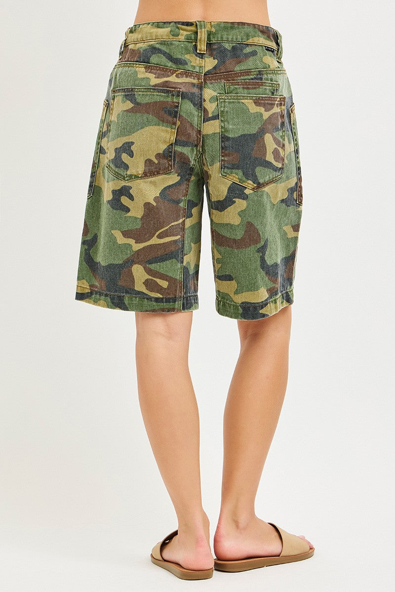 RISEN Camo Print Slouchy Jorts with Eyelet Drawstring