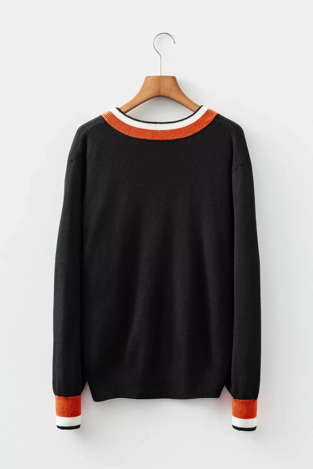 Contrast Striped Trim V Neck Varsity Sweater