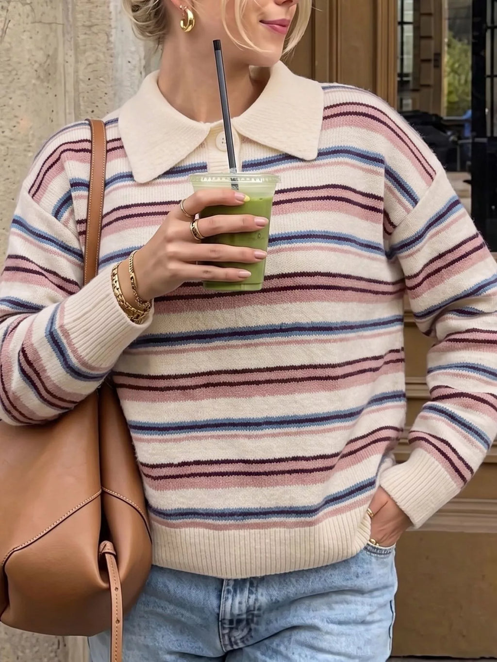 Striped Polo Collar Sweater