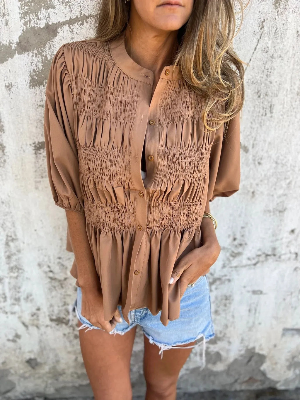 Full Size Smocked Puff Sleeve Blouse Plus Size