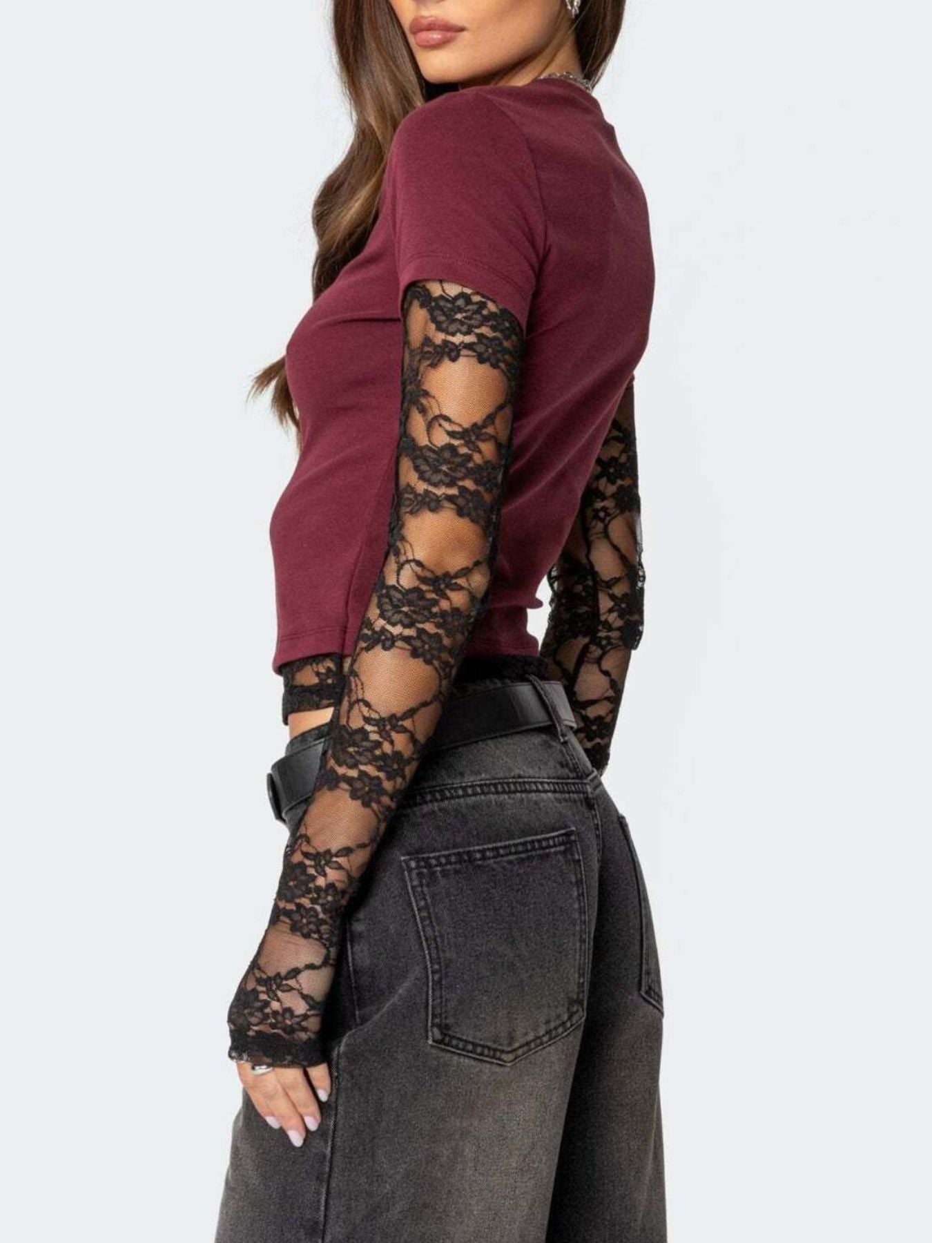 Lace Sleeve Fitted T-Shirt