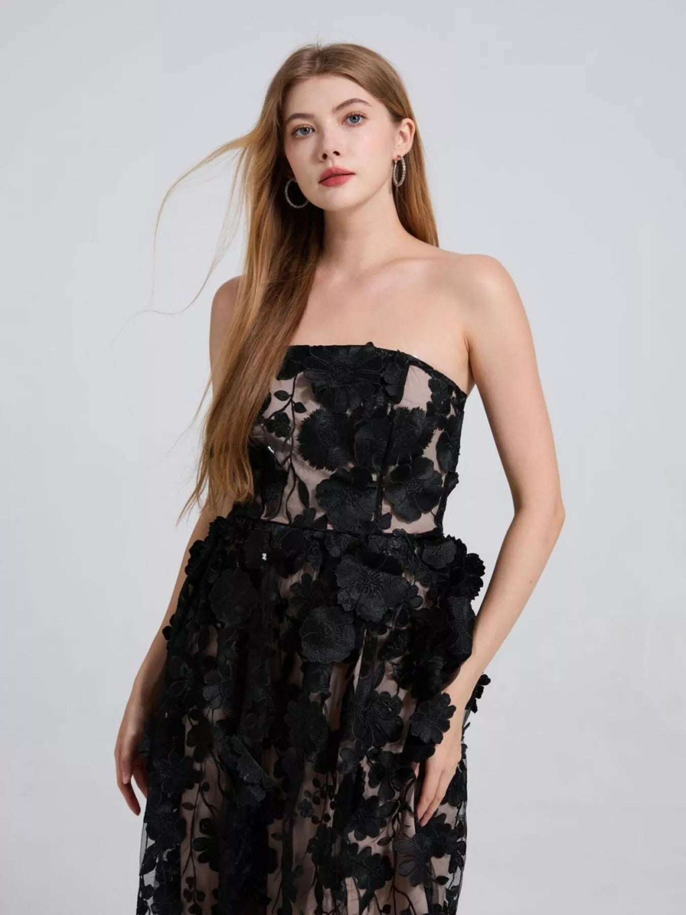 Floral Applique Strapless Midi Dress