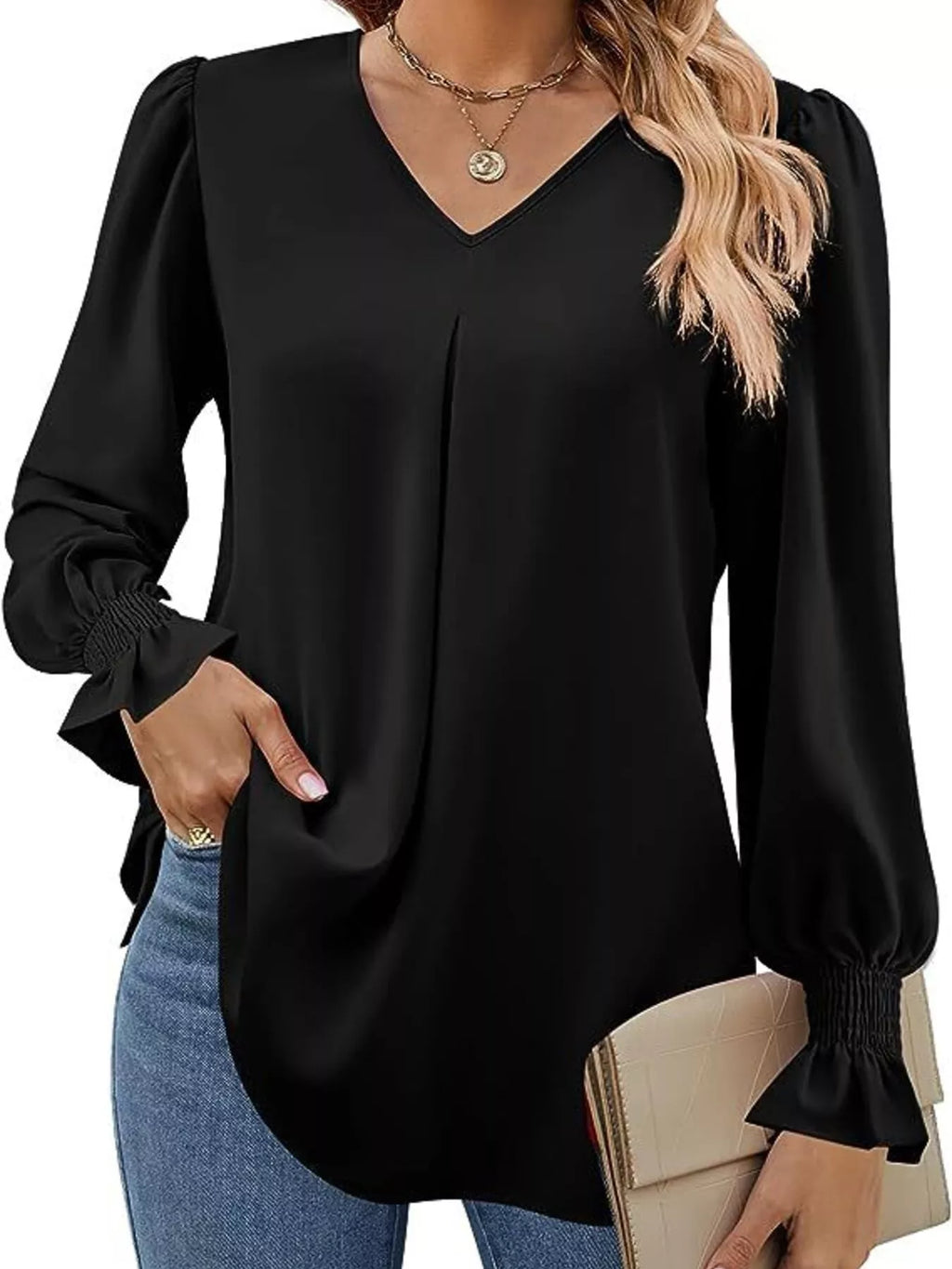 V-Neck Long Sleeve Ruffle Cuff Blouse