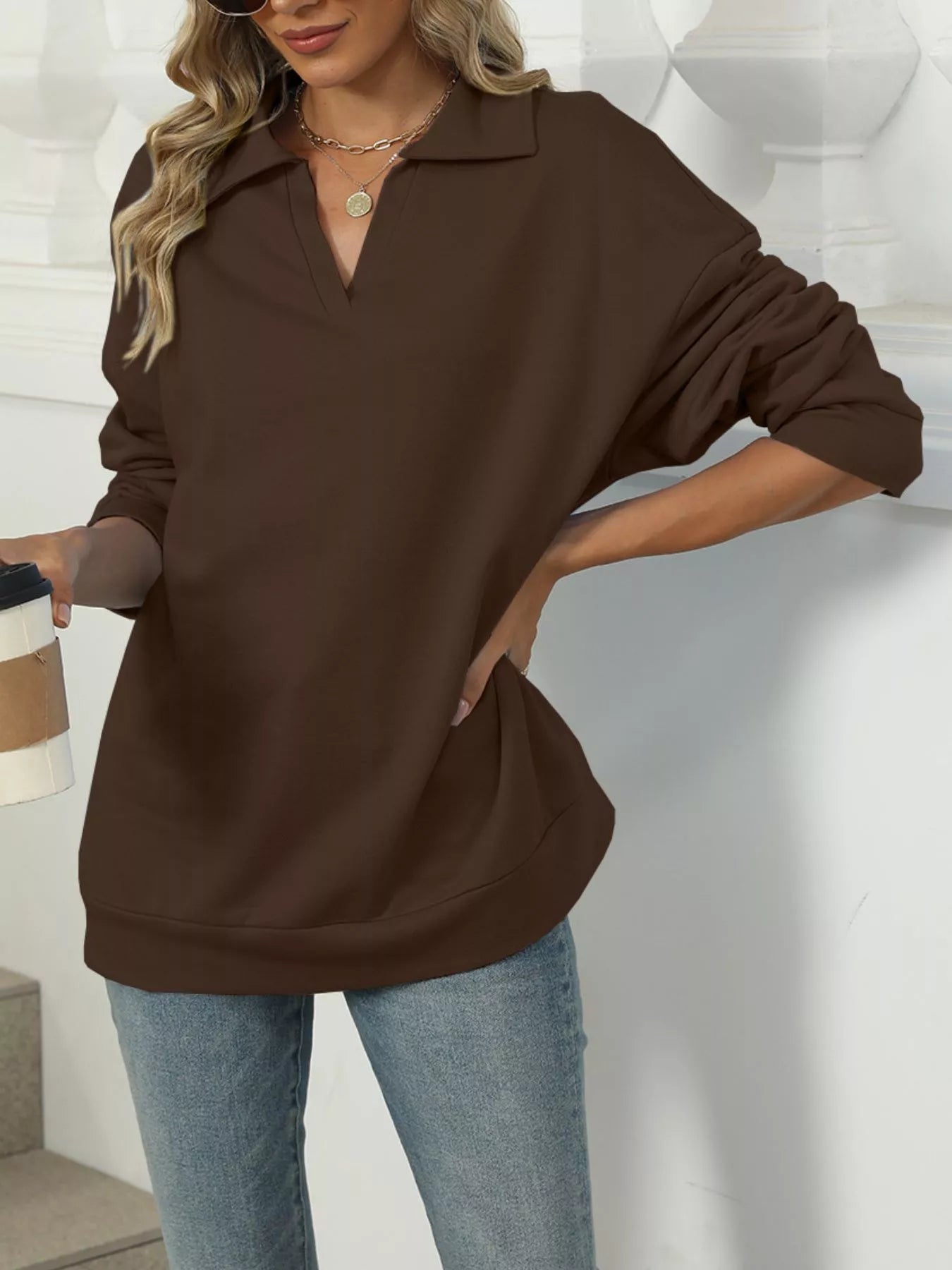 Johnny Collar Drop Shoulder Long Sleeve Sweatshirt