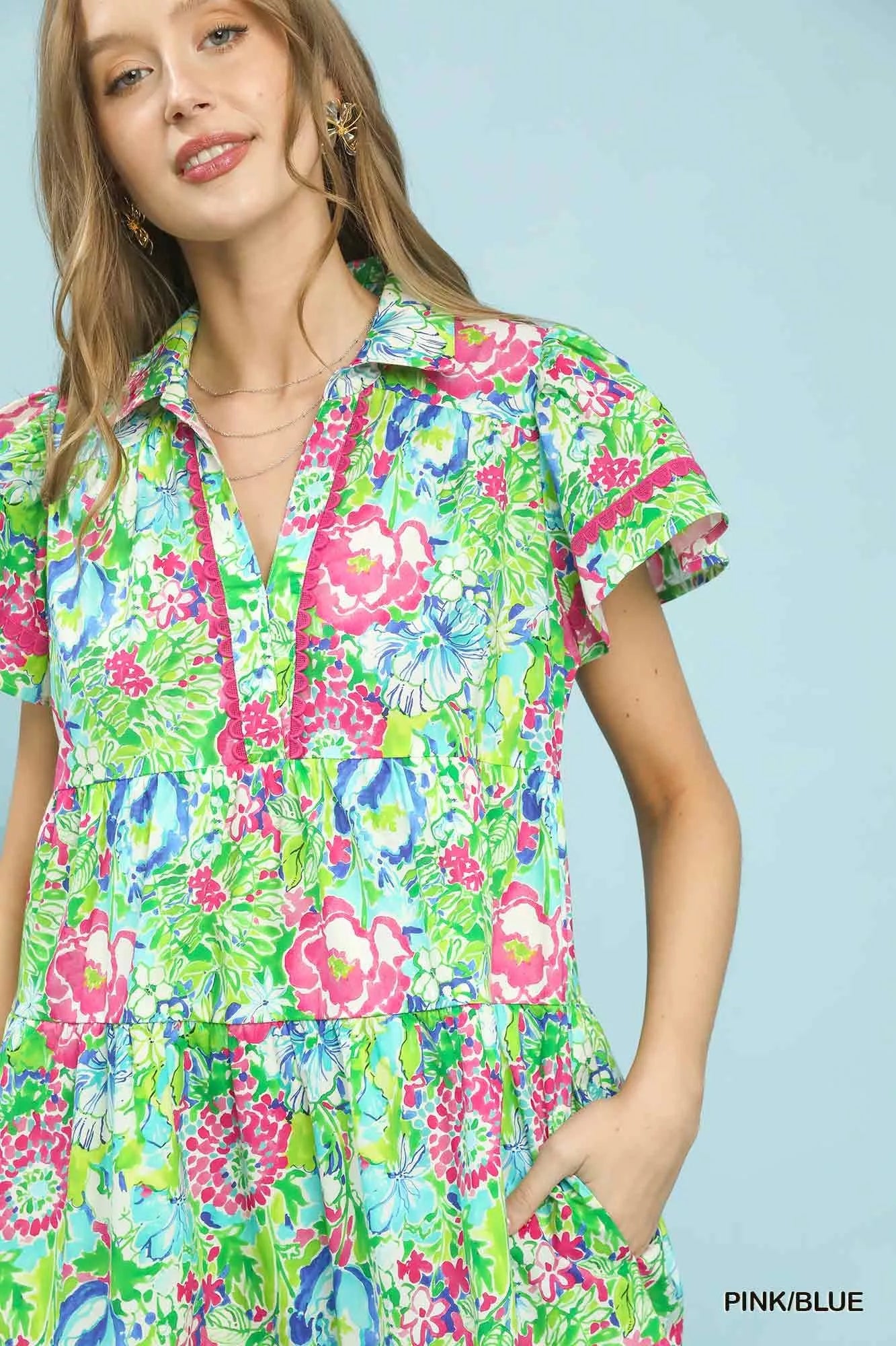 Umgee Bold Mixed Floral Tiered Midi Dress