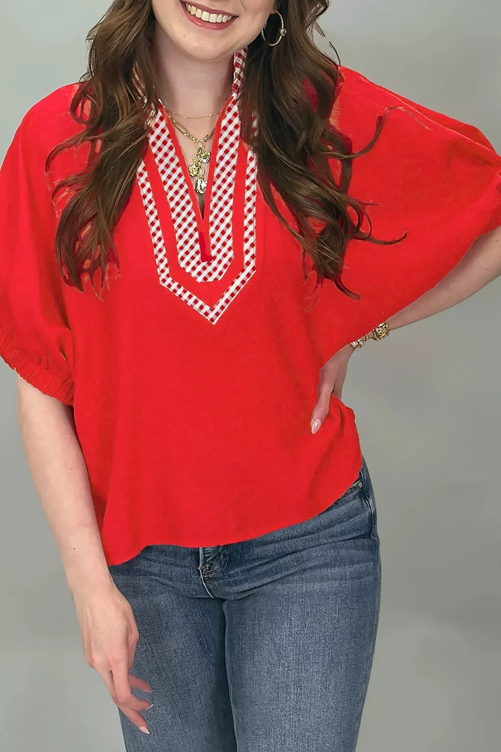 V Neck Plaid Collar Short Sleeve Tunic Blouse