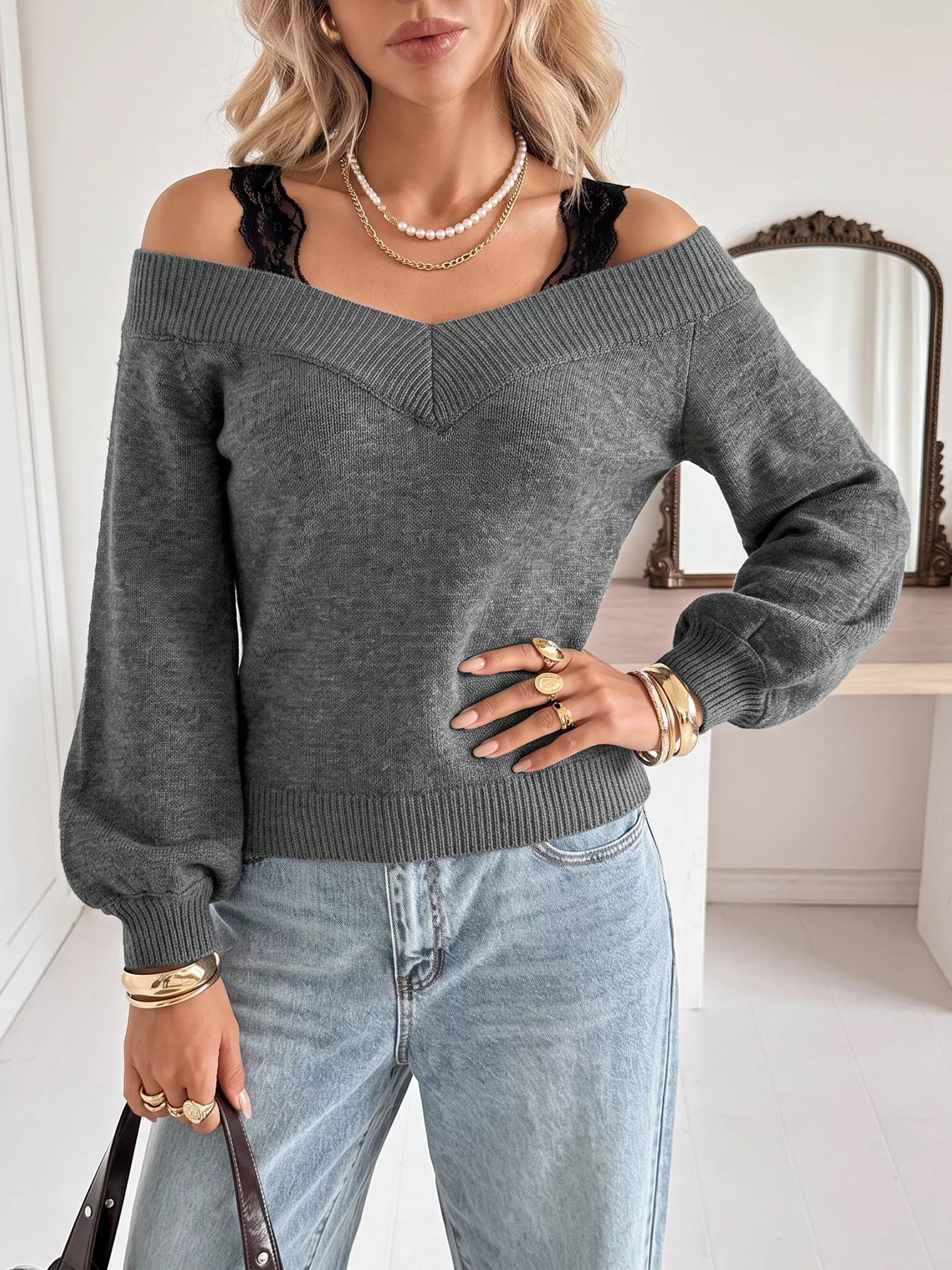 Off-Shoulder Lace Trim Sweater