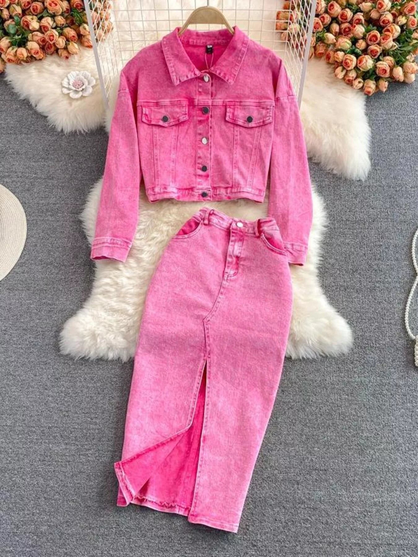 Button Up Jacket and Slit Skirt Denim Set