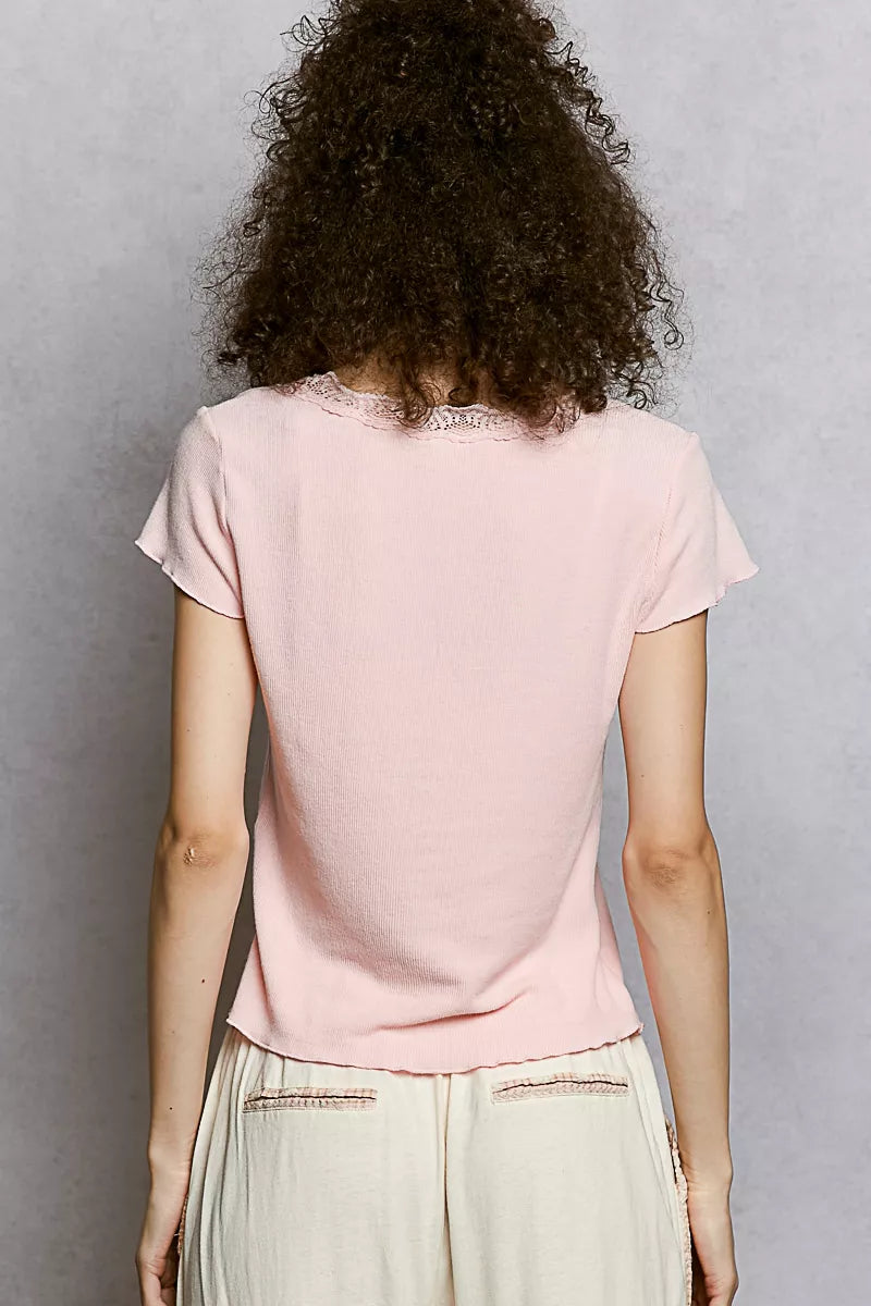 POL Round Neck Short Sleeve Crop T-Shirt with Lace Trim