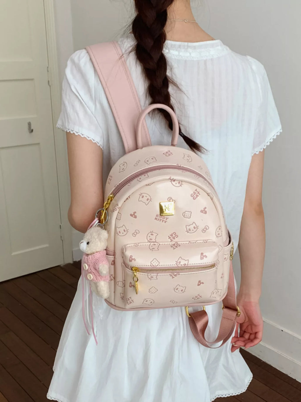 Cartoon Pattern Backpack Bag with Bear Pendant
