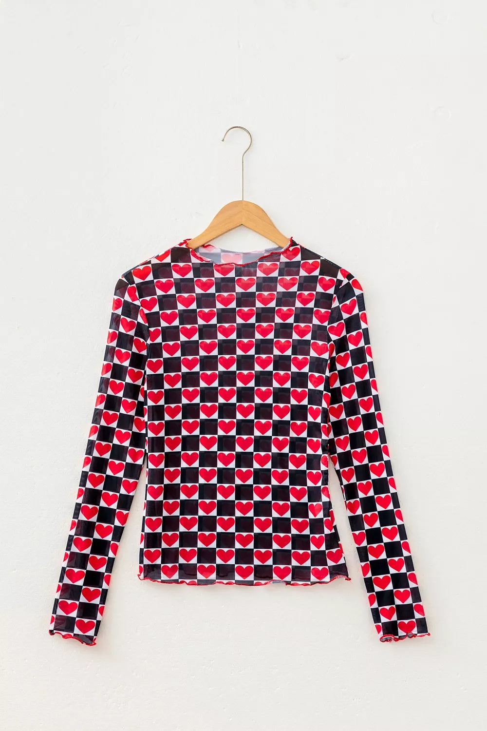 Plaid Heart Mesh Sheer Long Sleeve High Neck Top