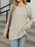 Round Neck Side Slit Ribbed Knit Top with Asymmetric Button Detail