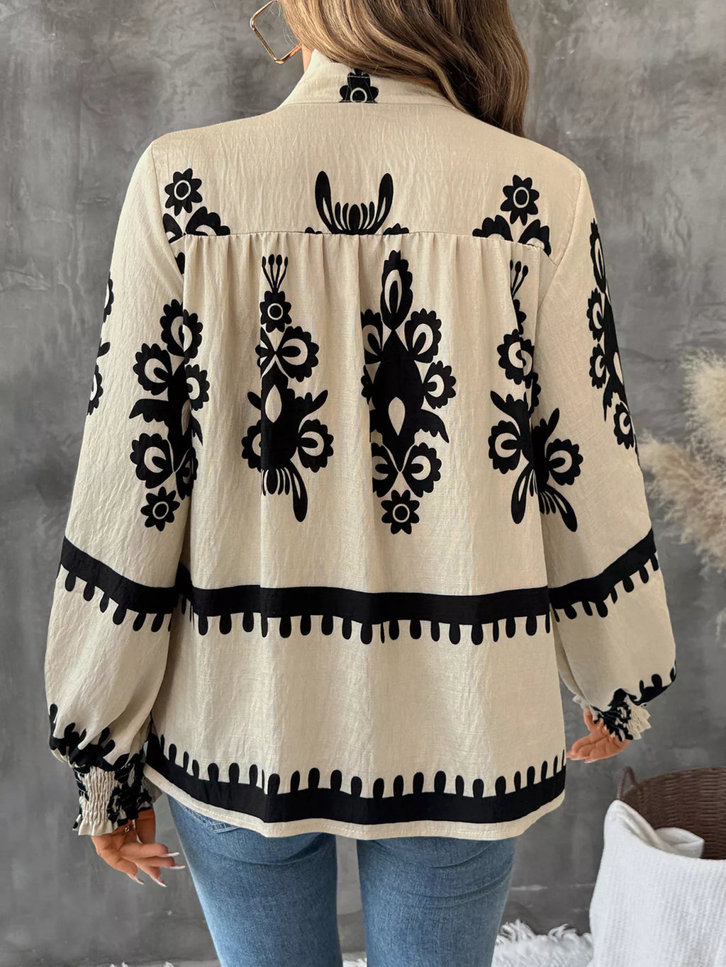 Printed Notched Lantern Sleeve Blouse