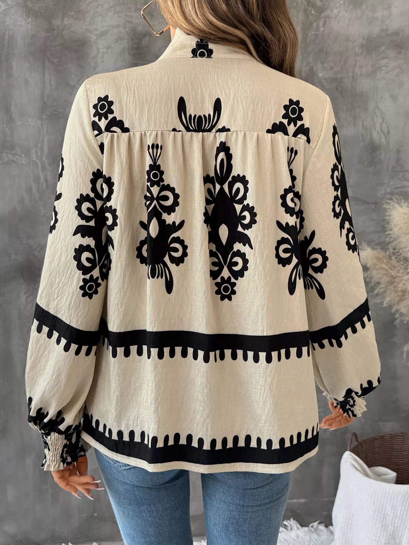 Printed Notched Lantern Sleeve Blouse