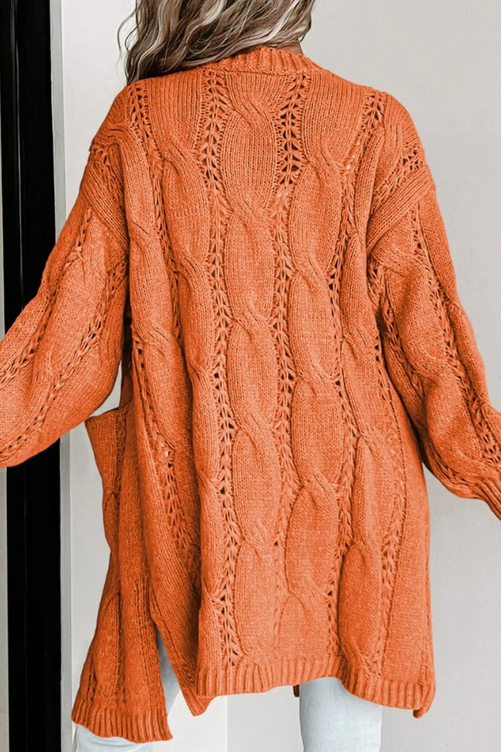 Cable-Knit Dropped Shoulder Slit Cardigan