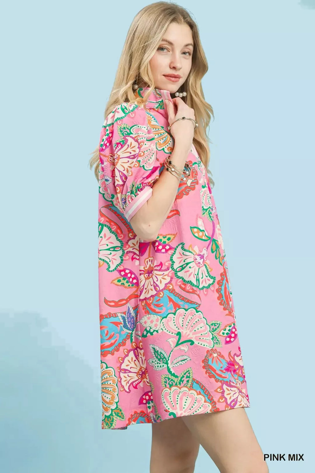 Umgee Jacquard Paisley Print Puff Sleeve Tunic Dress