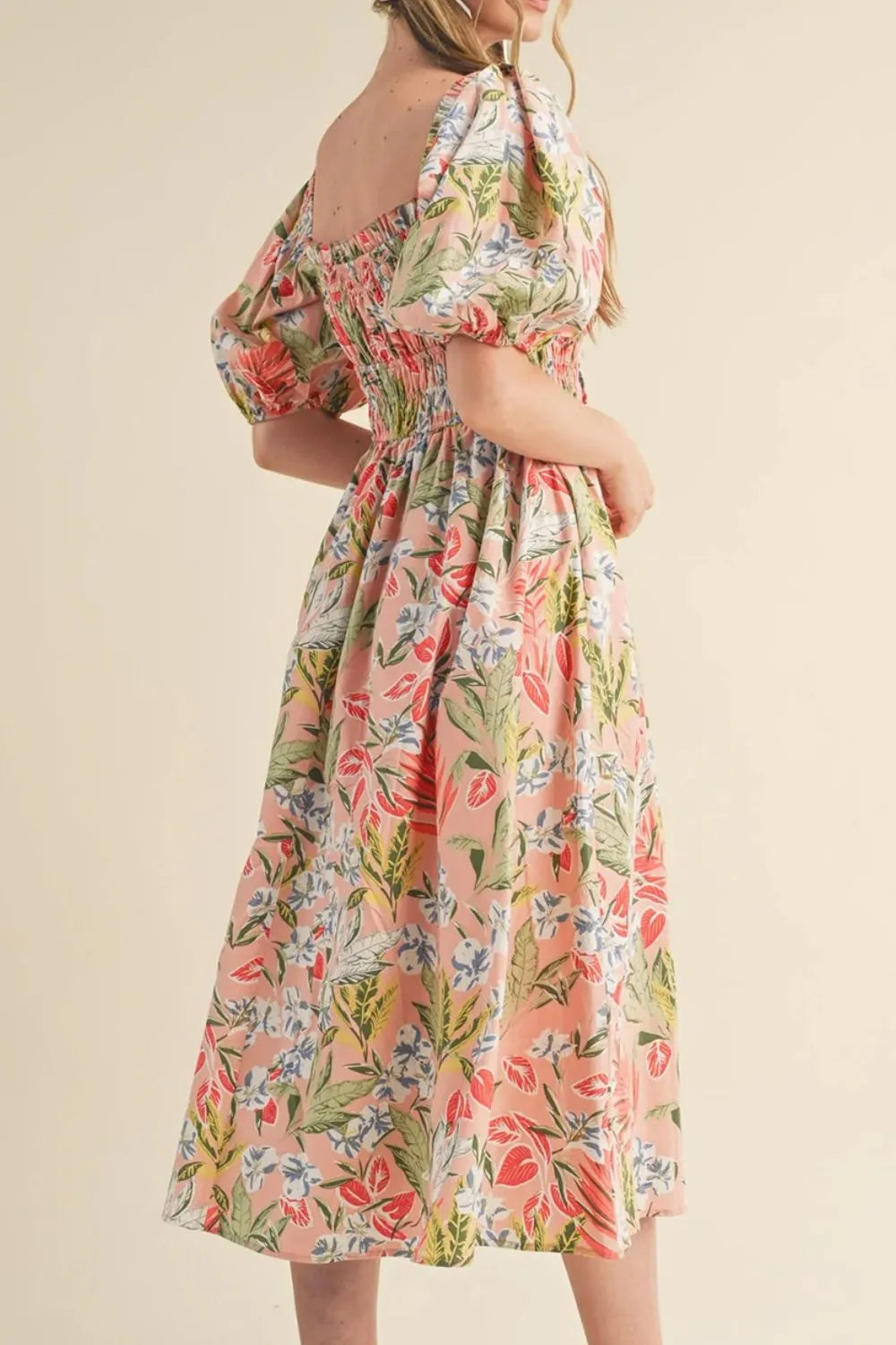 Floral Smocked Square Neck Puff Short Sleeve Midi Dress