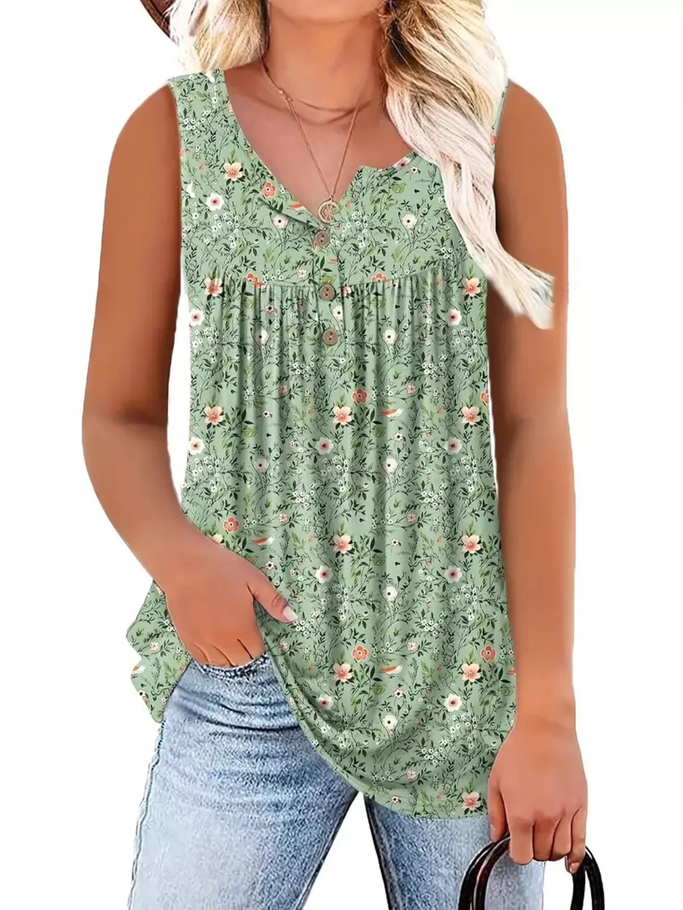 Full Size Floral Print Button Detail Tank Plus Size
