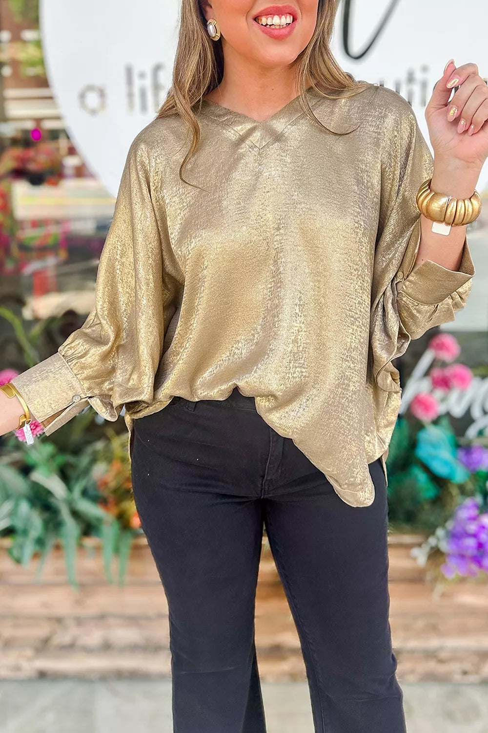 Metallic V Neck Button Cuffed Long Sleeve Dolman Blouse
