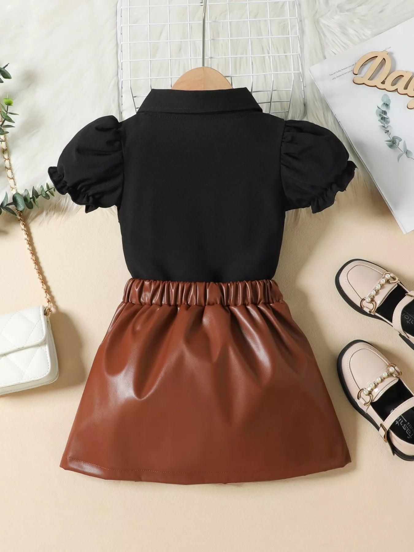 Children's Ruffle Trim Puff Sleeve Top & Pleated Skirt Set