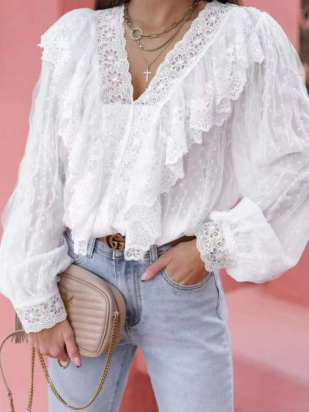 Lace Trim Ruffle V-Neck Long Sleeve Blouse