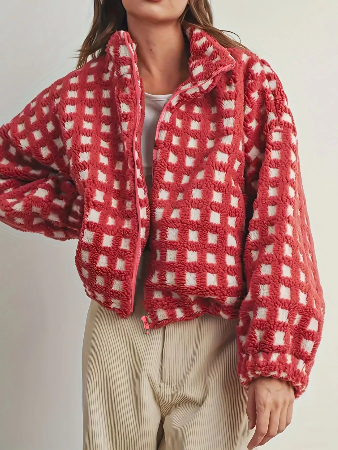 Plaid Zip Up Sherpa Jacket