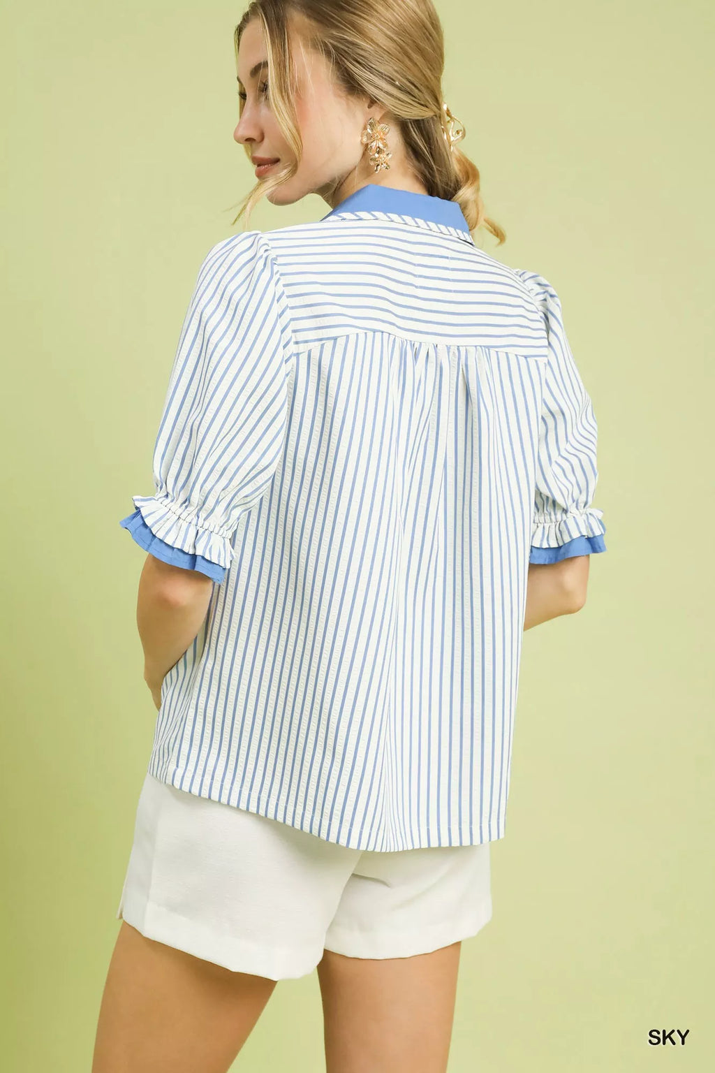 Umgee Seersucker Stripe Ruffle Sleeve Top