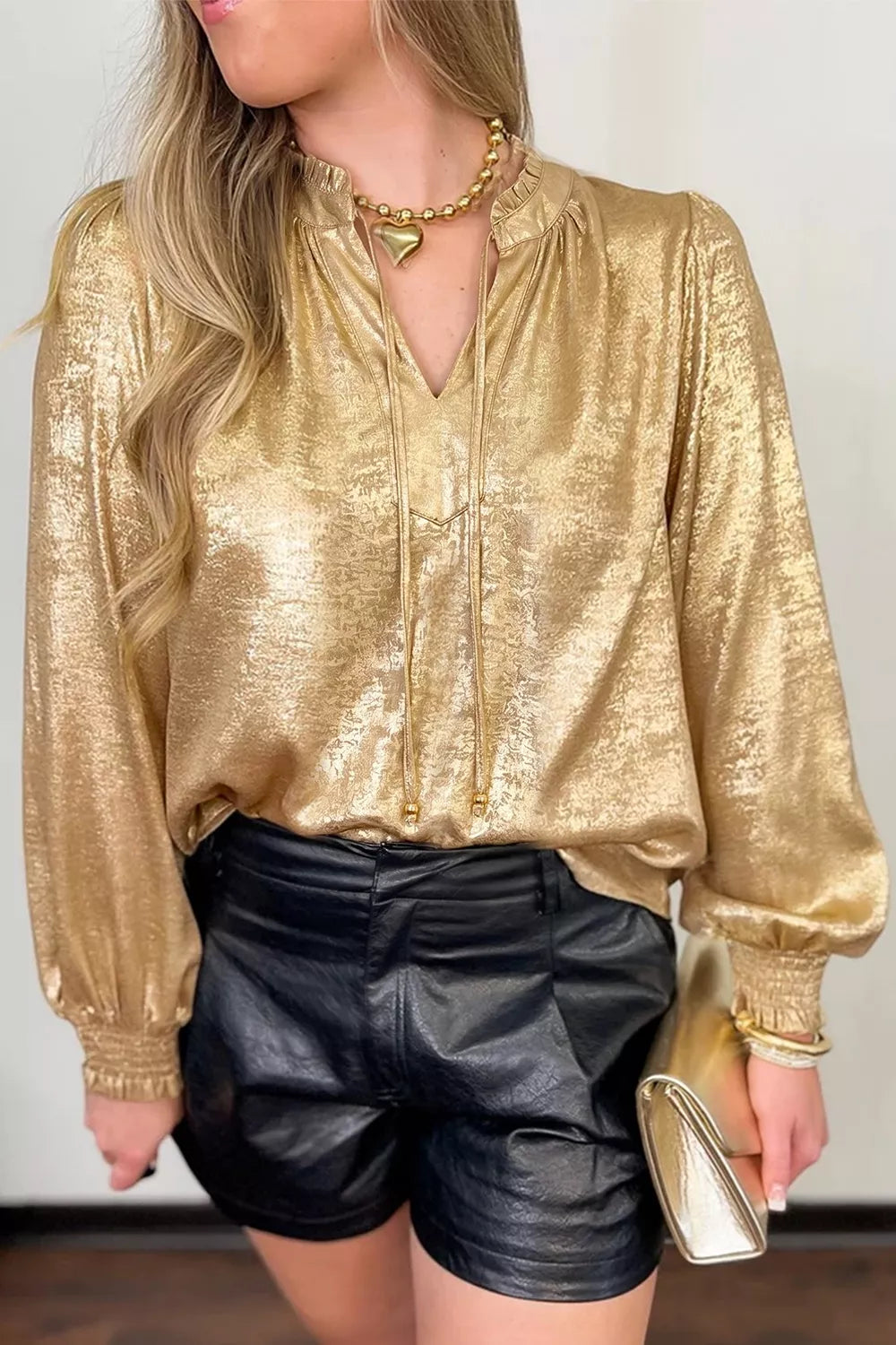 Metallic Sheen V Neck Gathered Cuff Long Sleeve Blouse