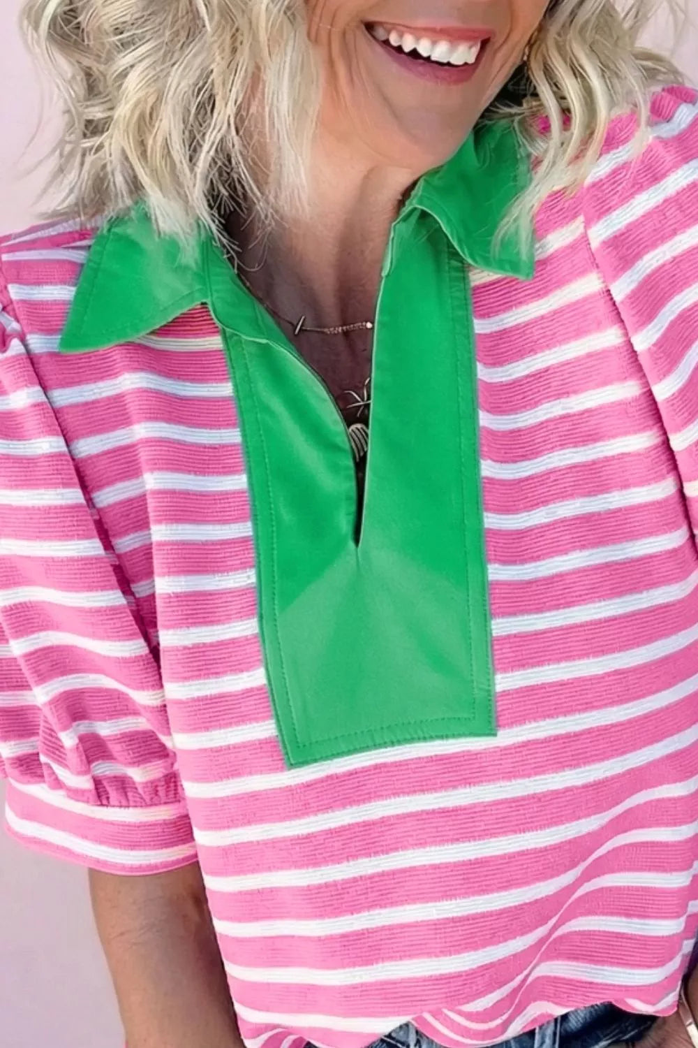 Stripe Short Puff Sleeve Color Block Polo Collar Blouse