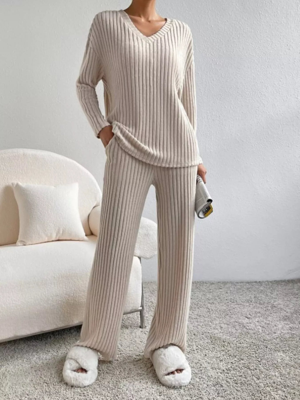 Ribbed Knit V-Neck Top and Pants Set