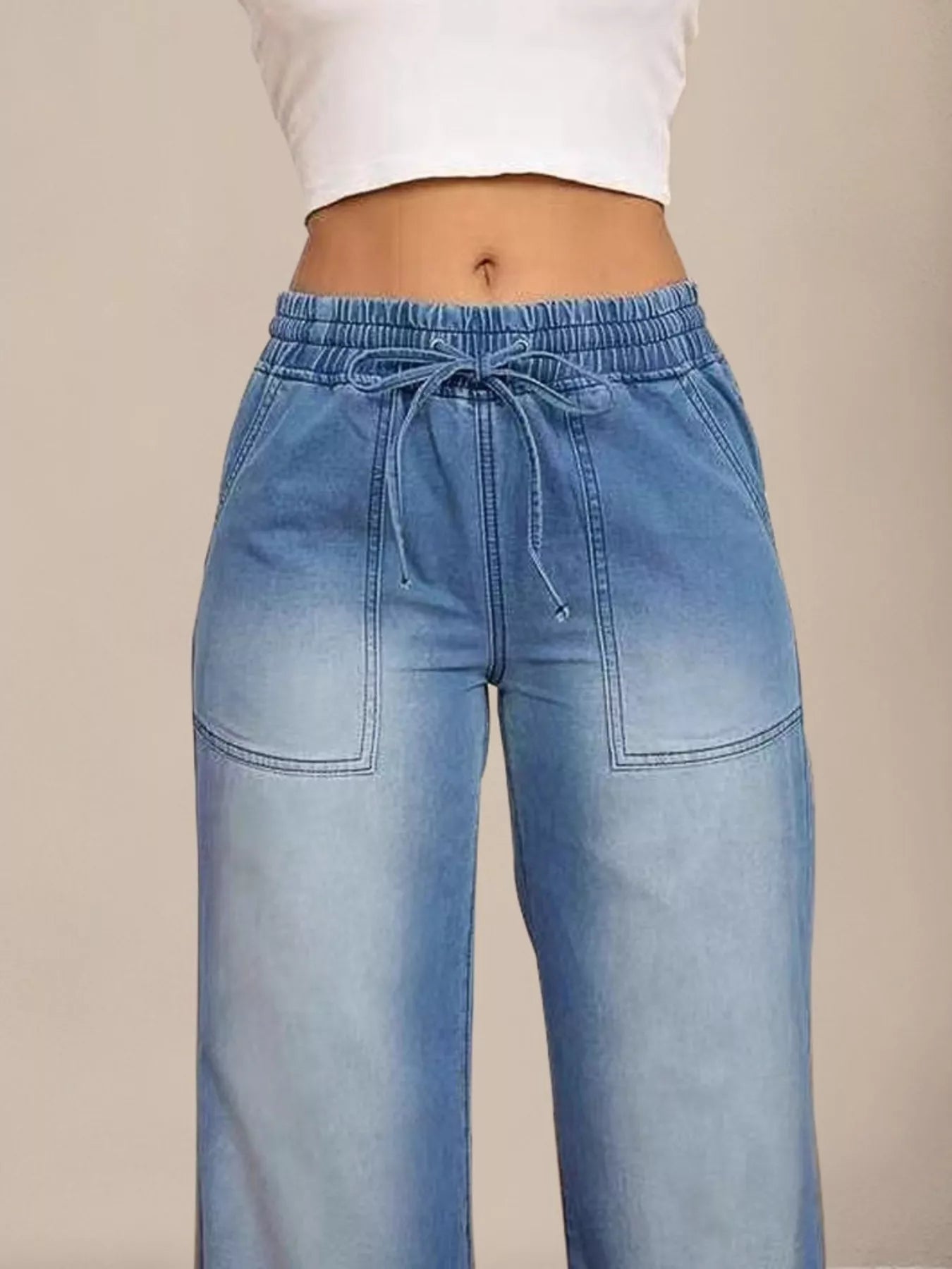 Drawstring Waist Wide Leg Jeans