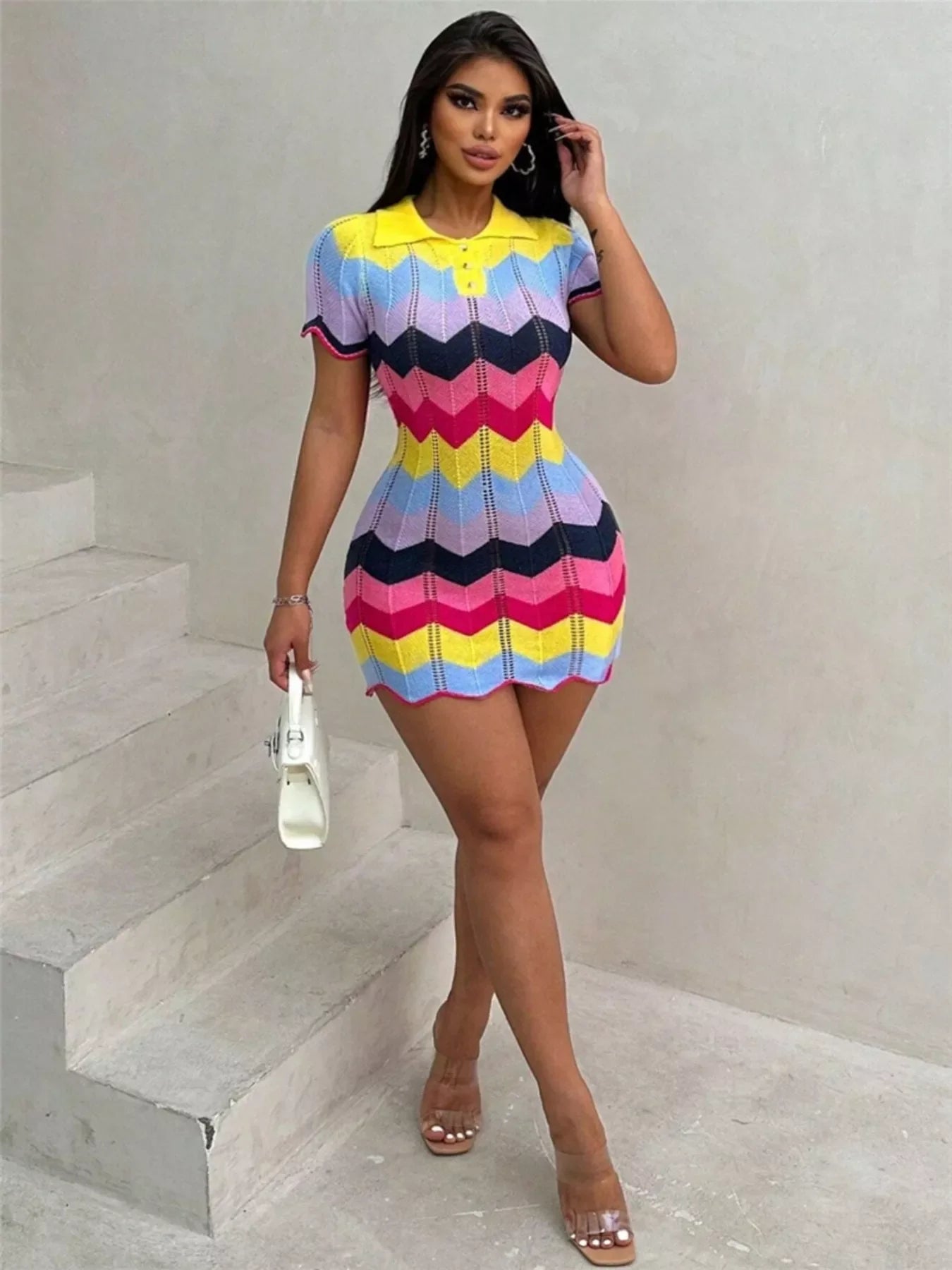 Chevron Knit Short Sleeve Sweater Dress