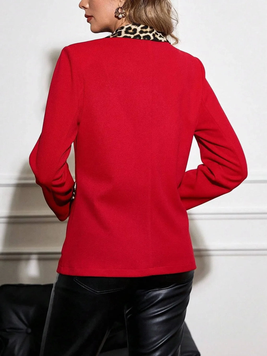 Leopard Lapel Collar Long Sleeve Blazer
