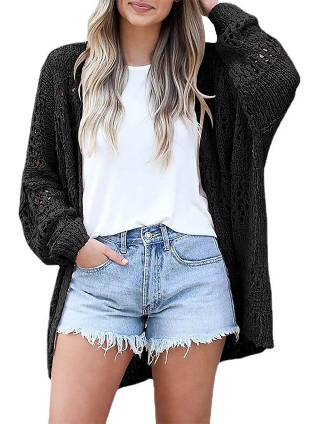 Full Size Openwork Open Front Lightweight Cardigan Plus Size