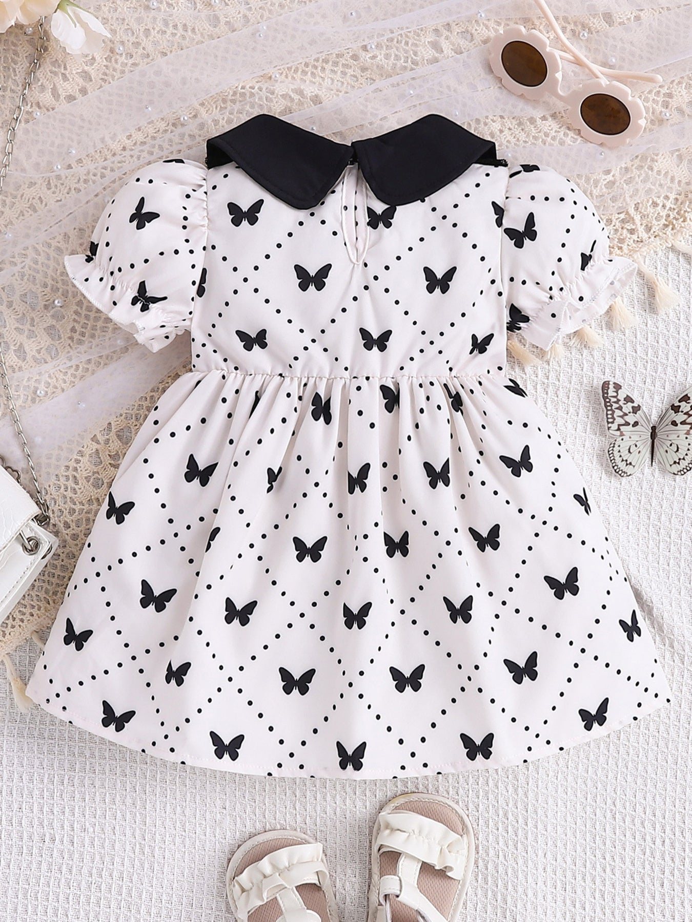 Children's Butterfly Print Lace Trim Peter Pan Collar Dress