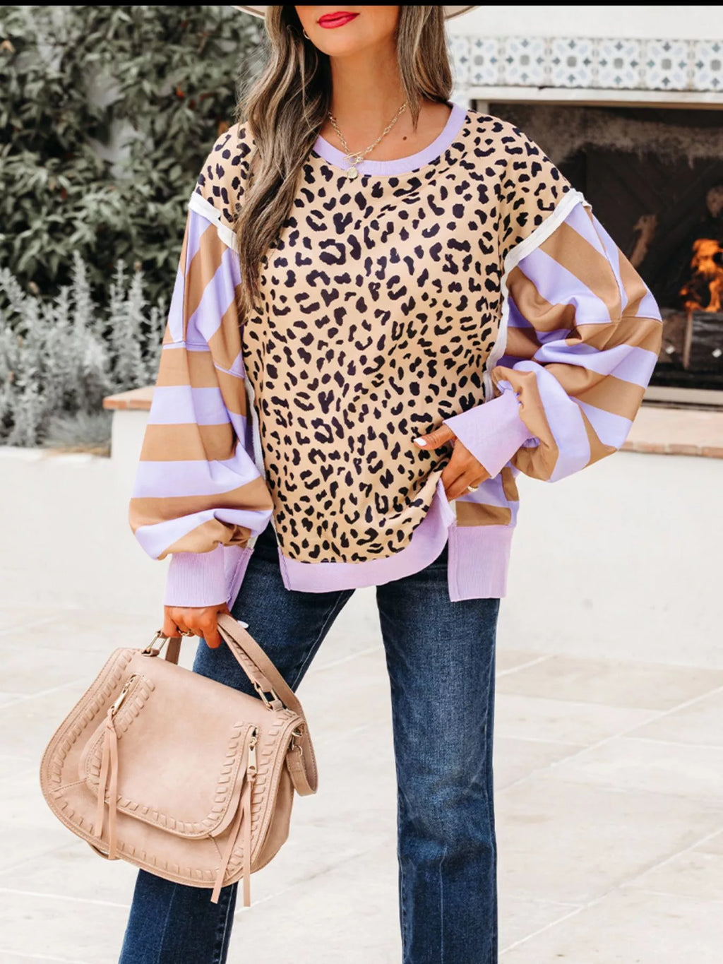 Stripe Color Block Patchwork Leopard Casual Sweatshirt with Slits