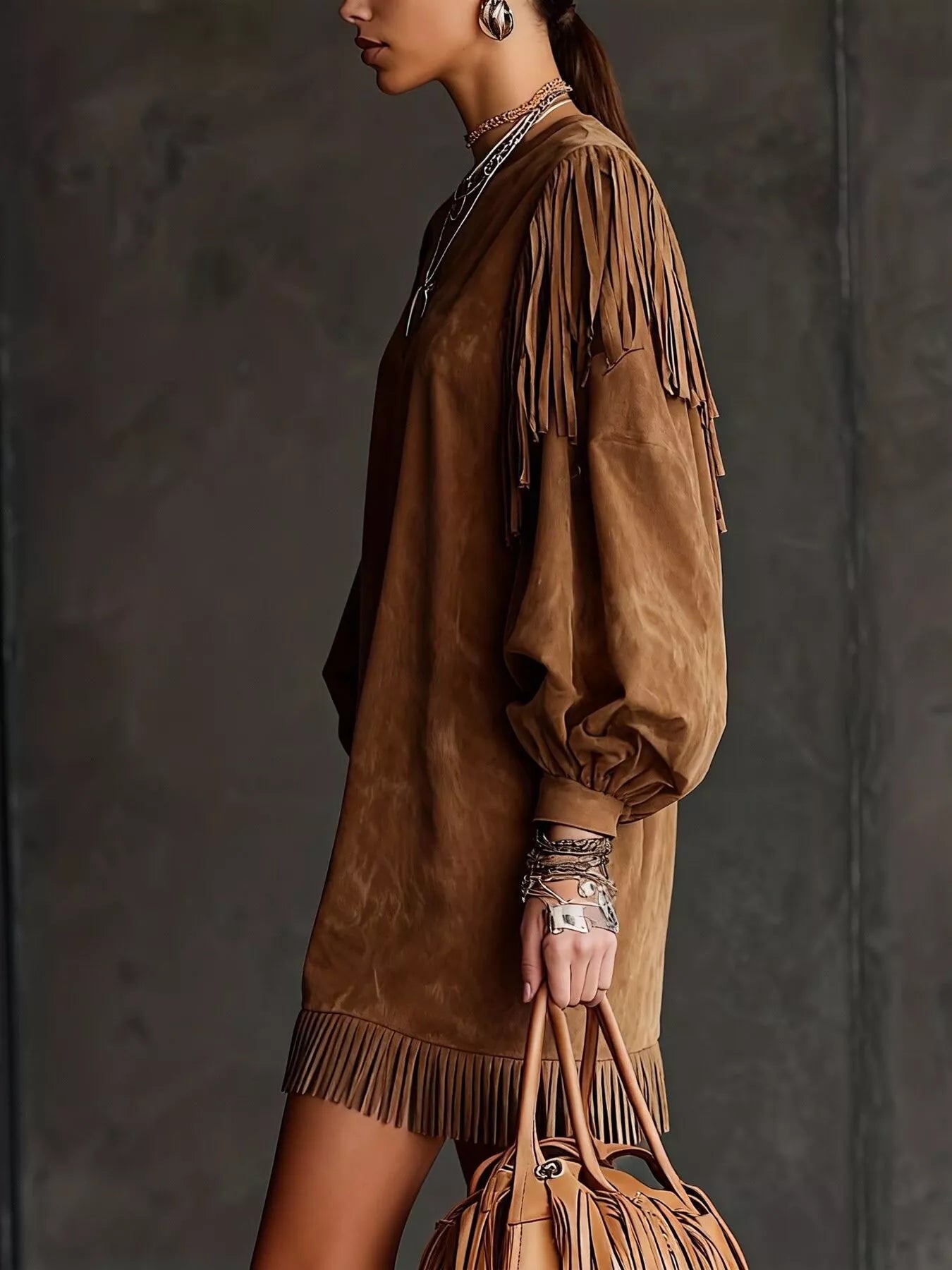 Suede Fringe Lantern Sleeve Mini Dress