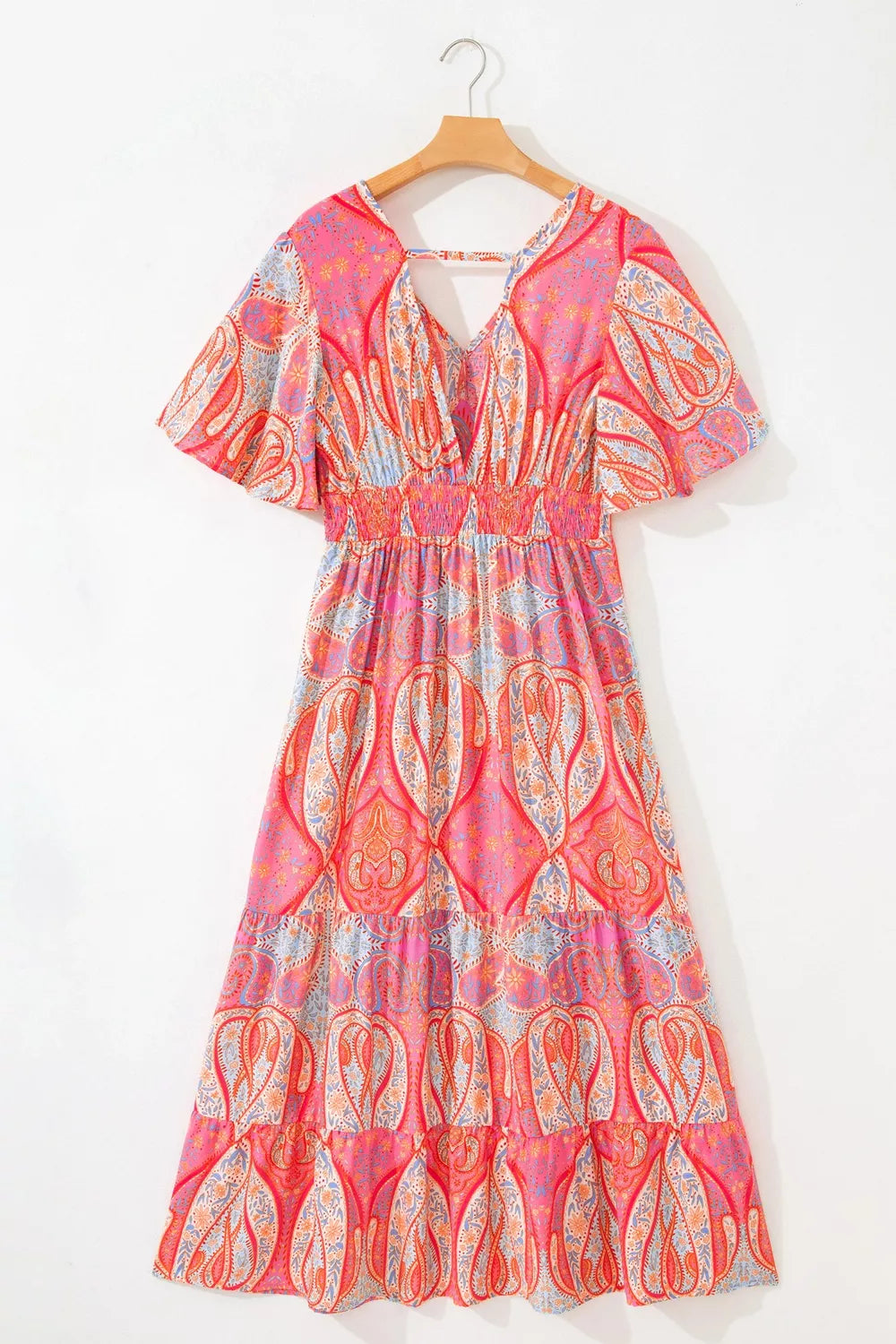 Paisley Print V-Neck Short Sleeve Boho Dress with Ruffle Details