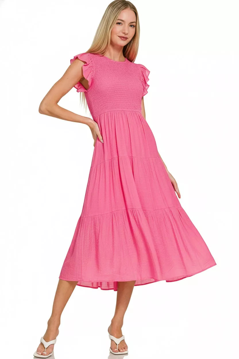 Zenana Woven Smocked Ruffle Sleeve Midi Dress