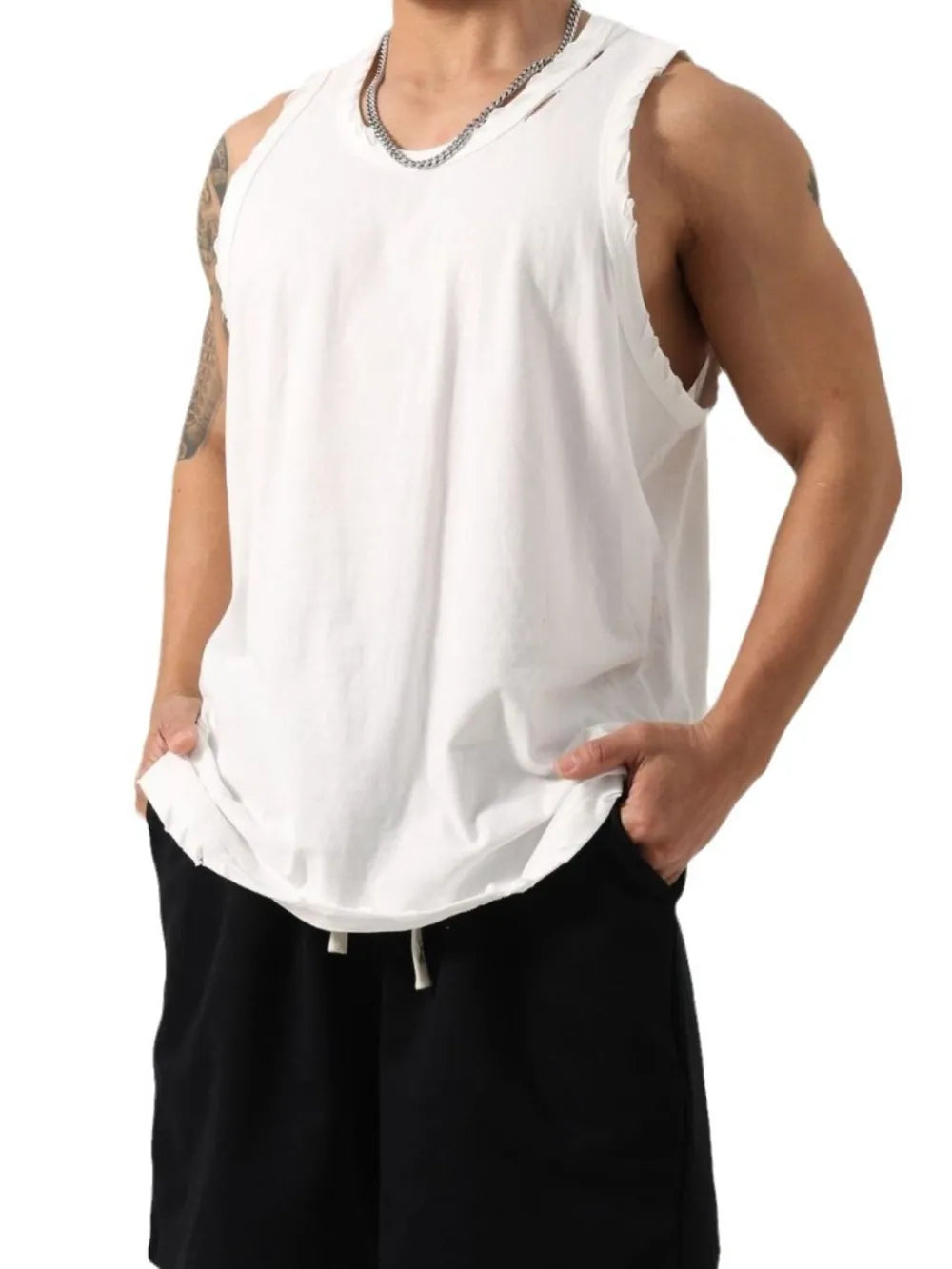Men's Plus Size Distressed Hem Round Neck Tank
