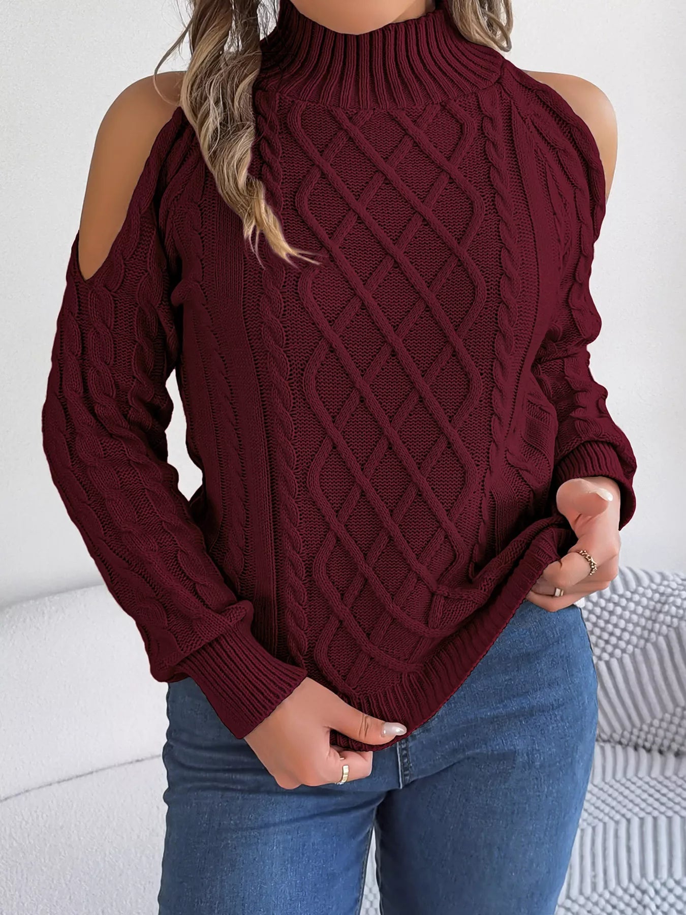 Cable Knit Cold Shoulder Turtleneck Sweater