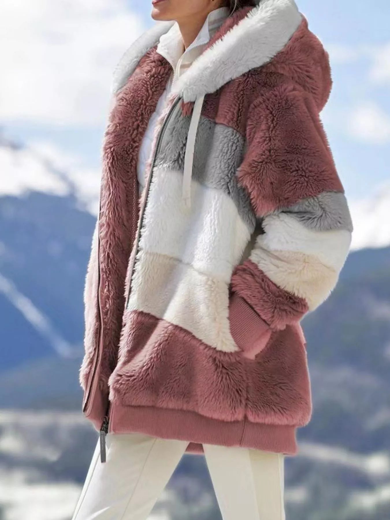 Full Size Fuzzy Zip Up Hooded Outerwear Plus Size