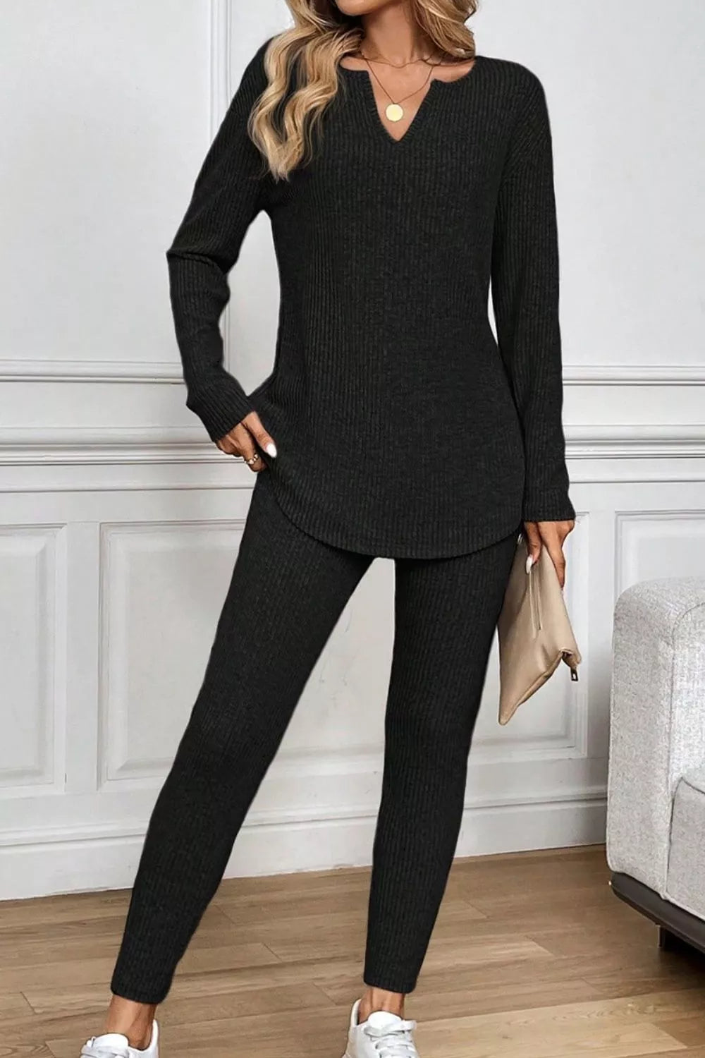Notched Long Sleeve Top and Pants Set